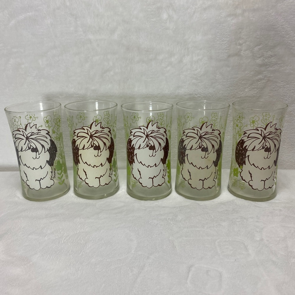 Set of 5 VTG Sammu Shaggy Dog Glasses Floral Green Flower‎ Cartoon Tumblers